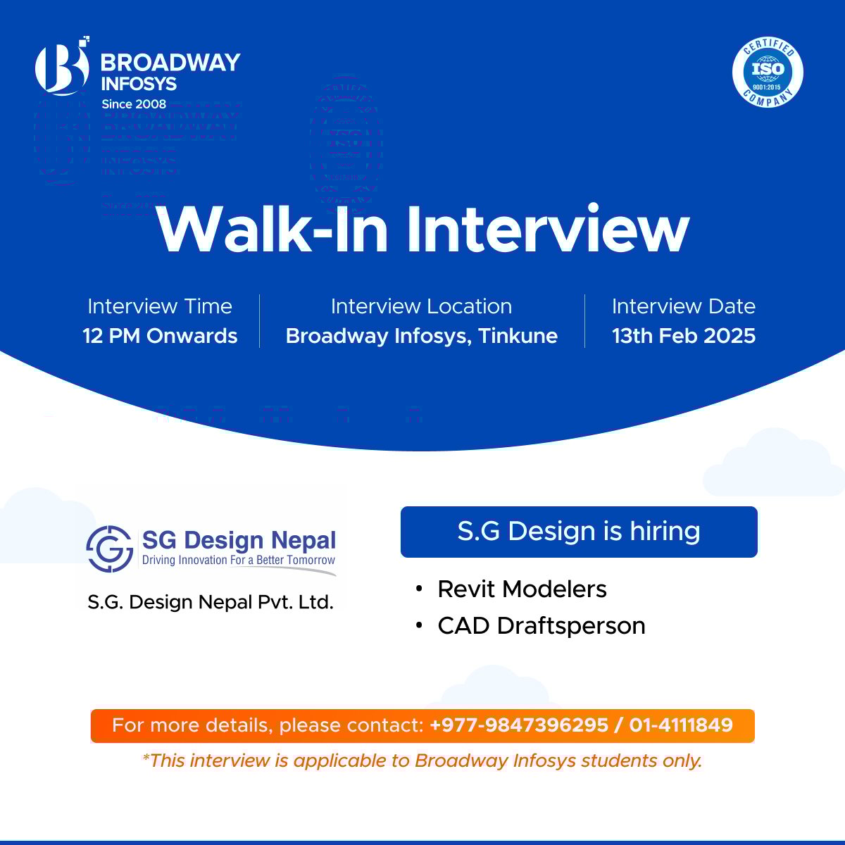 Walk-in Interview for Revit Modelers and CAD Draftsperson at Broadway Infosys!
