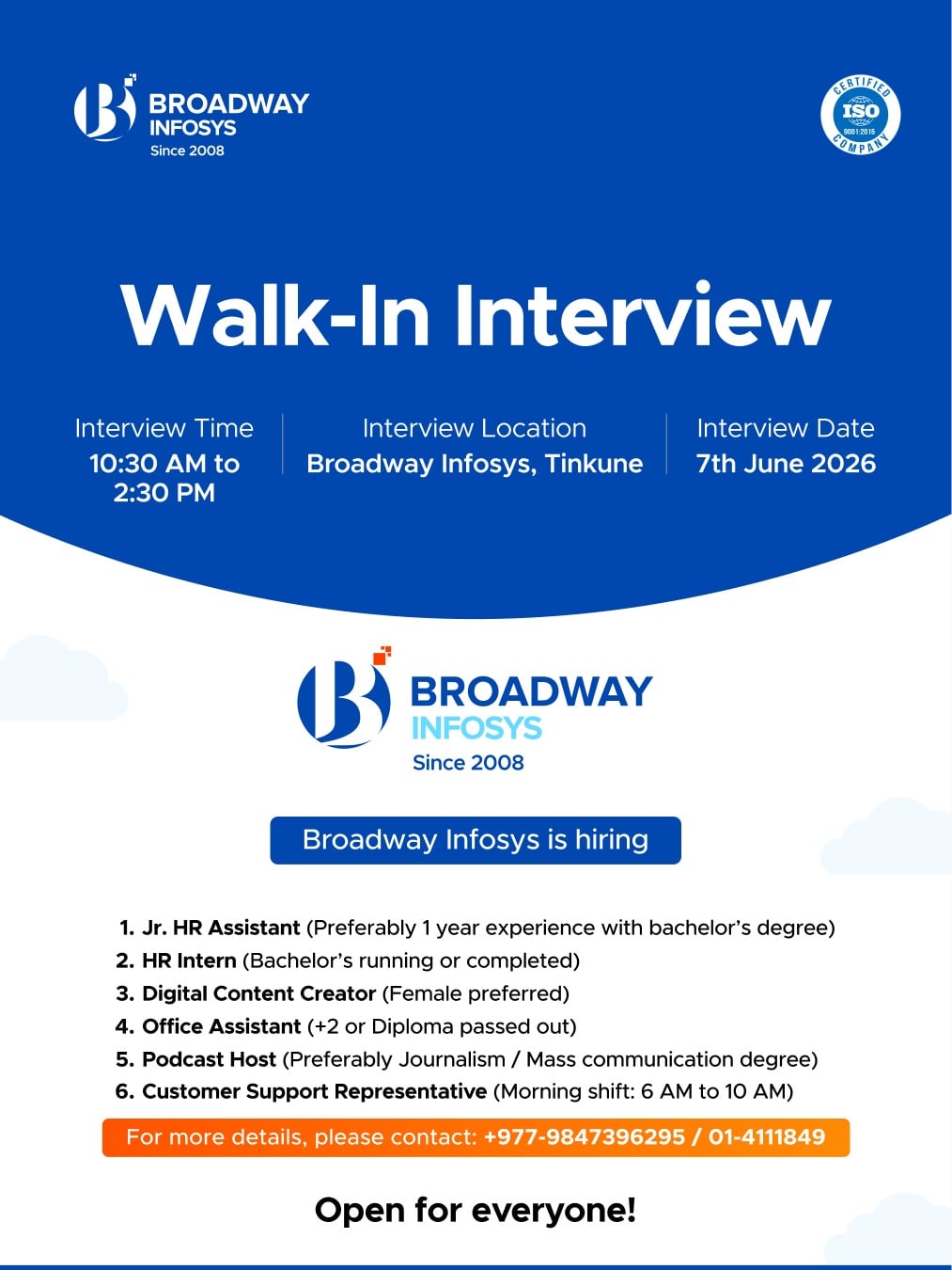 Walk-In Interview at Broadway Infosys