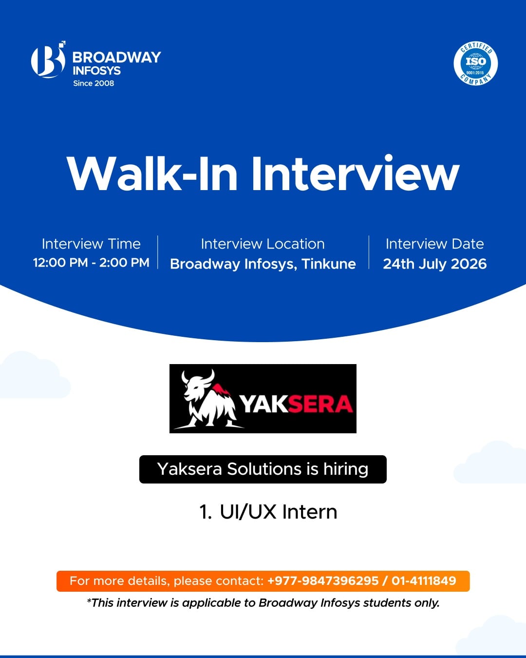 Walk-in interview for Yaksera Solutions
