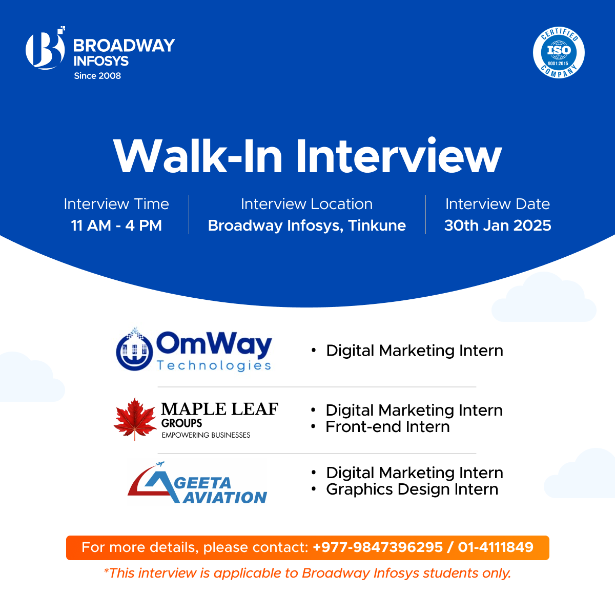 Walk-In Interview on 30th January 2025