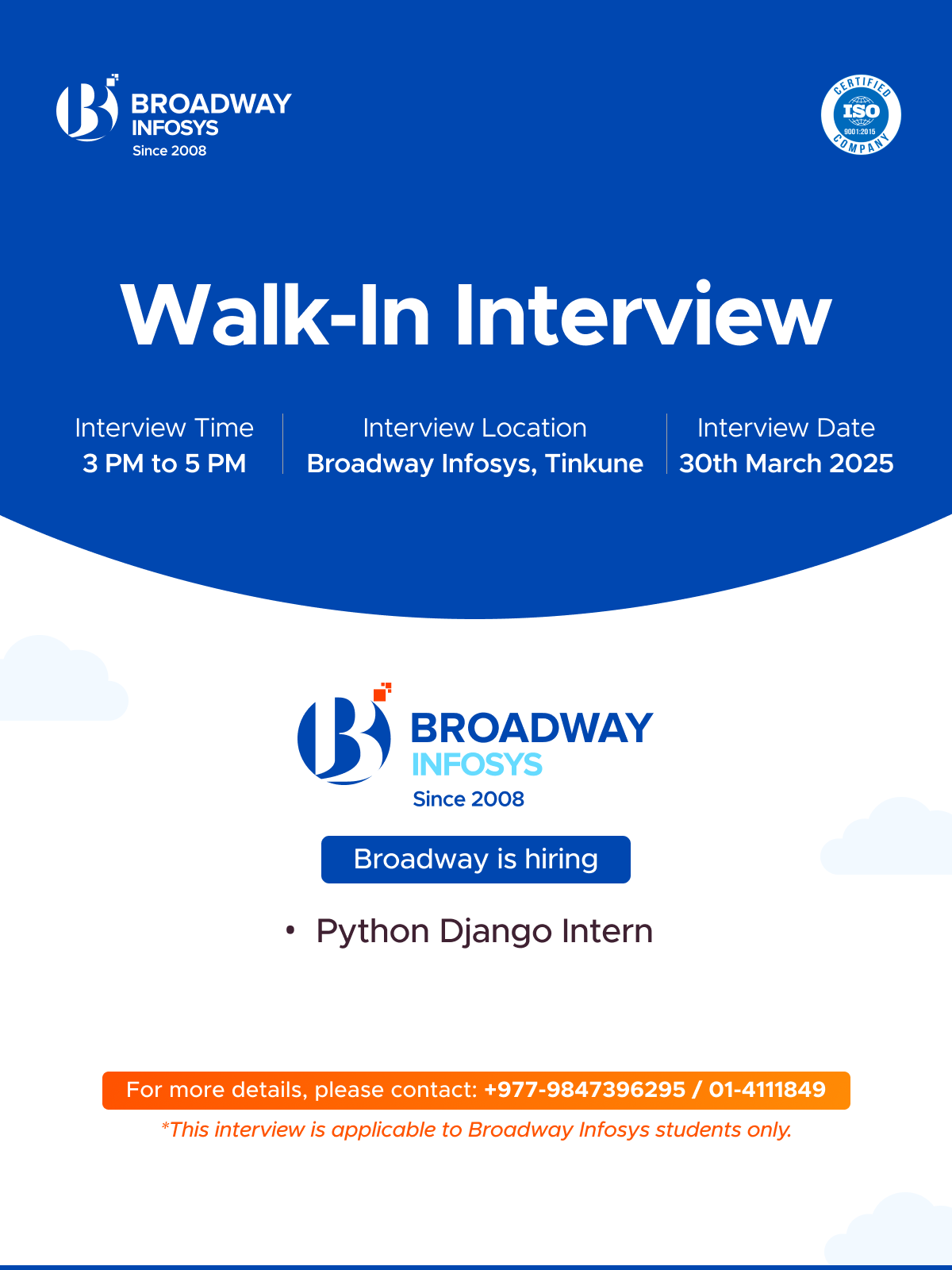 Walk-in interview for Python Django Intern at Broadway Infosys Pvt. Ltd.